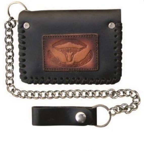 Hand Crafted Leather Chain Wallet Trifold Metal Ch