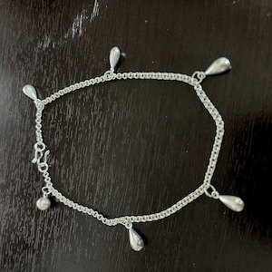 Sterling Silver .925 Charm Anklet Ankle Bracelet Jingle Bell Solid Silver Tear drps Rain Drop Pieces Dangling 9&quot; Easy Fastener Cable Chain