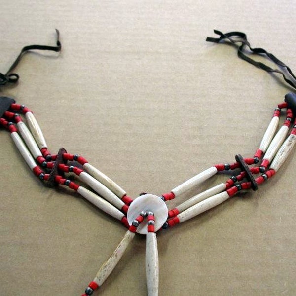 Handmade Bone Choker 3 Strands Buffalo Hair Pipes Cream Red Beads Leather Adjustable Strings Center Piece