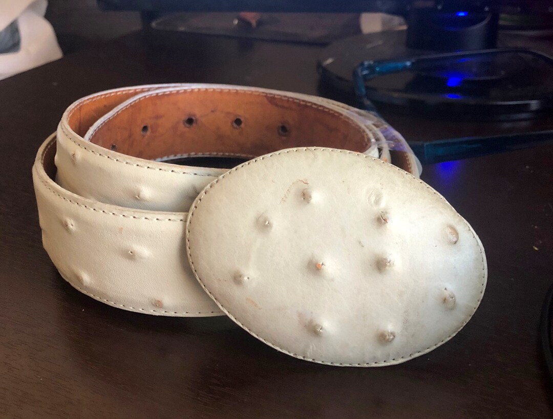 Vintage Solid Hard Leather Belt With Embedded Ostrich Texture Design ...