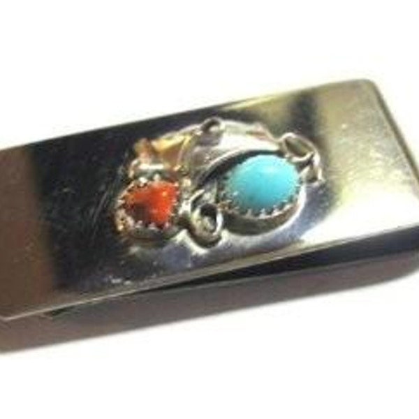 Native American Hand Crafted Money Clip with Sterling Silver Leaf Red Coral Stone and Blue Turquoise Stone