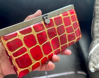 Shiny Glossy Red Gold Squares Checker Clutch Wallet Accordion vintage Style Women’s Flat Wallets