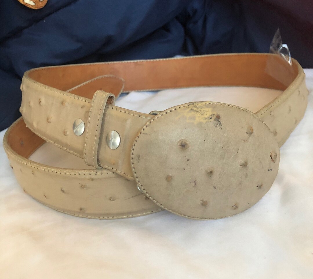 Brown Vintage Solid Hard Leather Belt With Embedded Ostrich Texture ...
