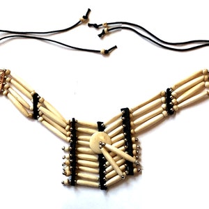 Large Mens Beige Buffalo Bone Hair Pipes Black Beads Bone Choker Necklace Hand Crafted Ceromonial Indian Regalia