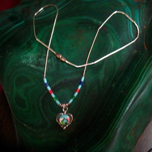 Vintage Liquid Silver Strand Bead Necklace with Multi Zuni Inlay Stone Beads and Heart Pendant Charm