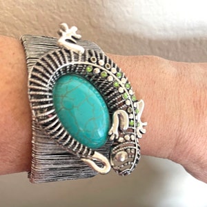 Bold Cuff Bracelet in Snake Cobra Design with blue Turquoise Stones adjustable and Vintage