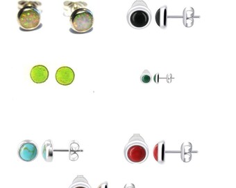 Southwest Hand Crafted Sterling Silver Post Earrings Studs White Buffalo Turquoise Malachite Tiger Eye Jaspite