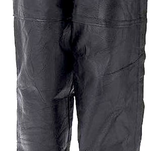 May include: Black leather motorcycle chaps with a belt and buckle closure. The chaps have a classic design with pockets and snap closures at the bottom. The chaps are worn over blue jeans and black boots.