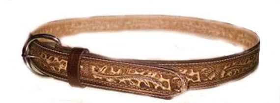 Vintage USA Hand made Leather Belt Tooled Leaves … - image 1