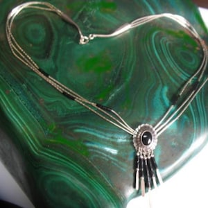 Vintage Liquid Silver Strands Bead Necklace with Black Onyx Inlay Stone Beads and Pendant Charm
