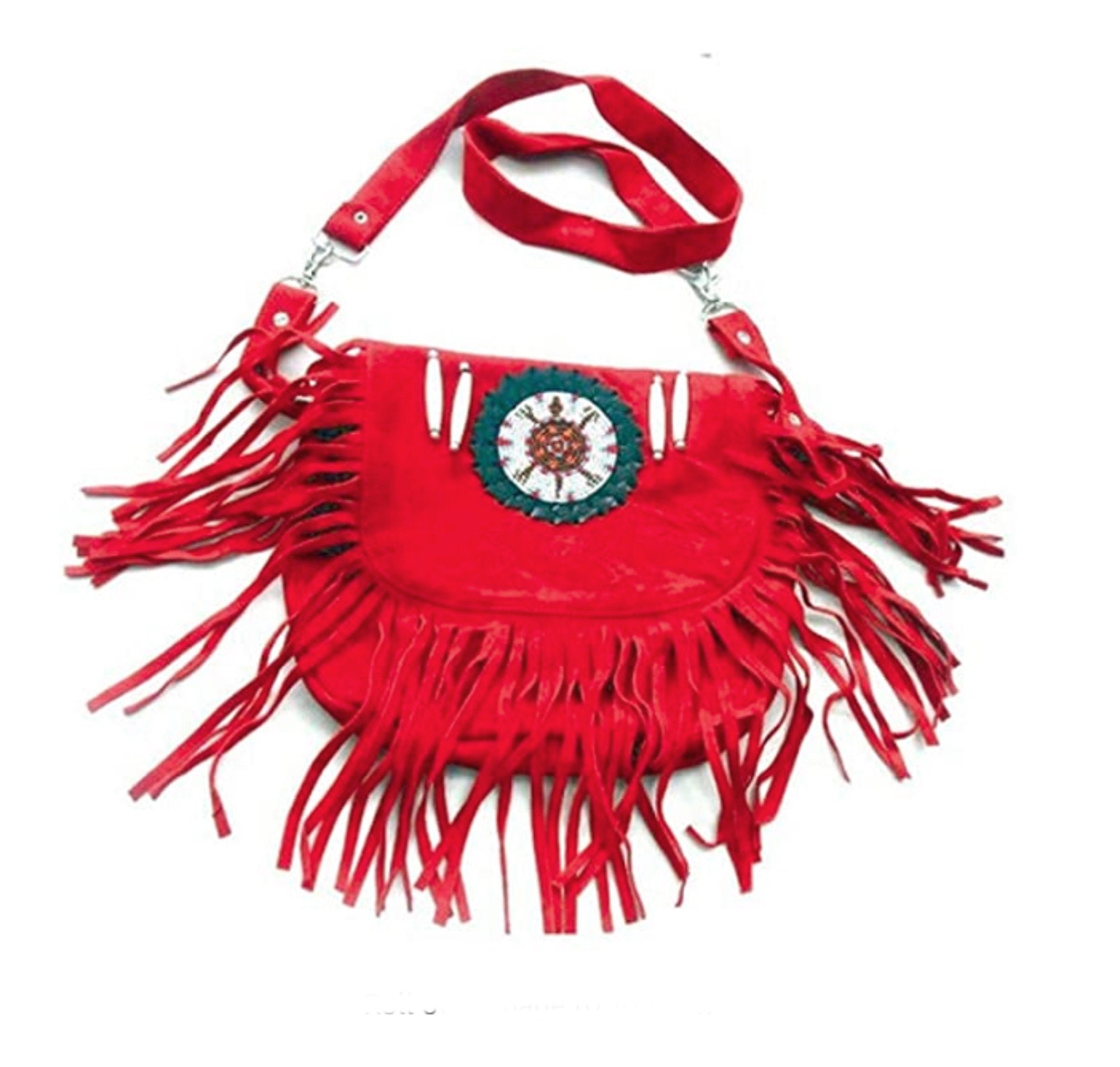 Fringe Leather Bag Native American Seed Bead Turtle Bone Pipes Design Choice of Red or Brown Shoulder Cross Body Hippie Bag
