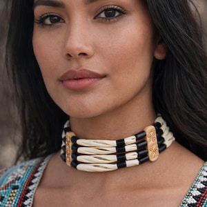Buffalo Bone Hairpipe Necklace Choker Hand Crafted 4 Strand Bone Split Design Pipes Black Beads Ceremonial Indian Regalia