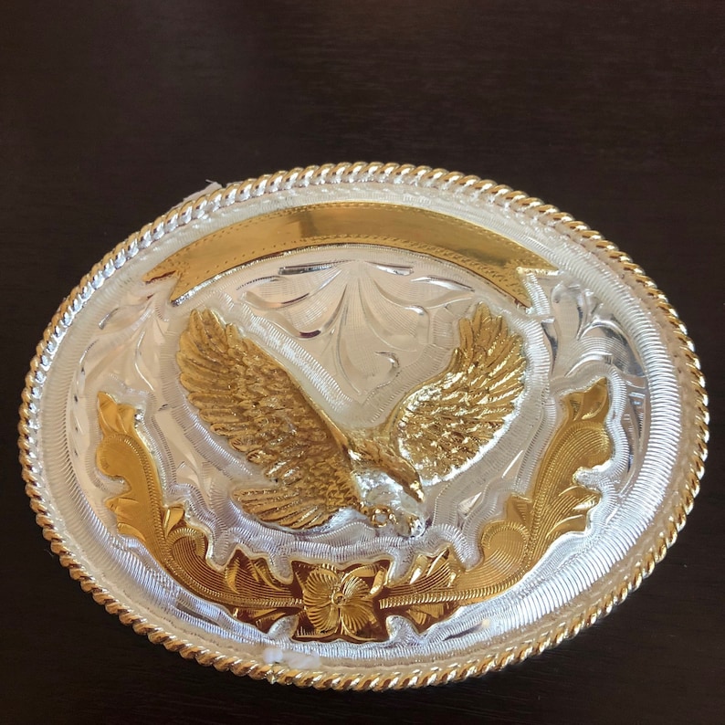 Vintage Silver Gold Alpaca German Belt Buckle 5Big Western Design Antique Flying Gold Eagle and Southern Leaves