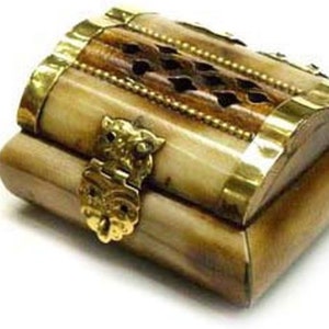 Puede incluir: Pequeña caja rectangular con tapa abisagrada. Fabricada en un material claro, posiblemente hueso o marfil, con detalles de latón. La tapa presenta cortes decorativos y un cierre de latón. Probablemente para guardar objetos pequeños.