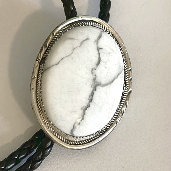 White Buffalo Turquoise Bolo Tie Hand Crafted Navajo Indian Native American~ Sterling Silver by "Dine Begaye"