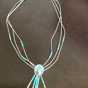 Vintage Liquid Silver Strands Bead Necklace with Multi zuni Inlay Stone Beads and Pendant Charm