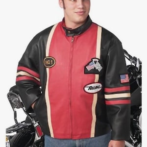 May include: Black, red, and cream-colored leather racing jacket with "NO 1" patch and racing flags. The jacket has a zip-up front, cream-colored stripes, and red and cream-colored stripes on the sleeves. The word "Racing" is on a patch.