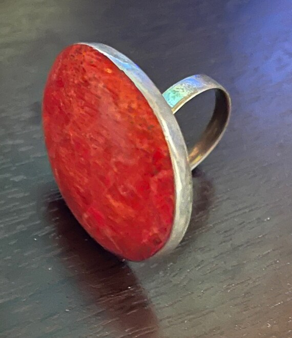 Vintage Long Coral Red Sterling Silver Ring sz 9 … - image 2
