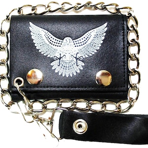 Cartera con cadena de cuero hecha a mano Cadena de metal triple 18 "Estampado de águila voladora blanca