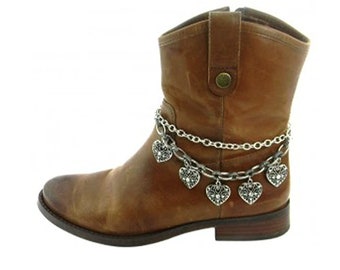 Boot Jewelry Ankle Bracelet Chain Multiple Filagree Style Hearts Charms with Rhinestone Crystals  Adjustable Chain
