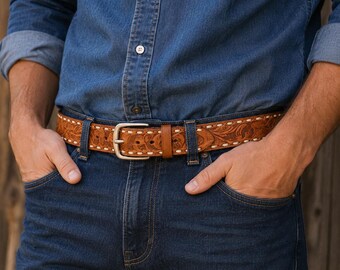 Handcrafted Tooled Leather Belt | Made in USA | Genuine Leather Western Belt | Floral Embossed Cowboy Belt | Rawhide Laced Unisex Belt
