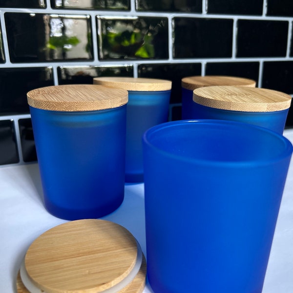 8 oz Frosted Blue Glass with Bamboo Lid, 12-Pack, Candle Making Glass, Empty Candle Jar, Candle Vessel