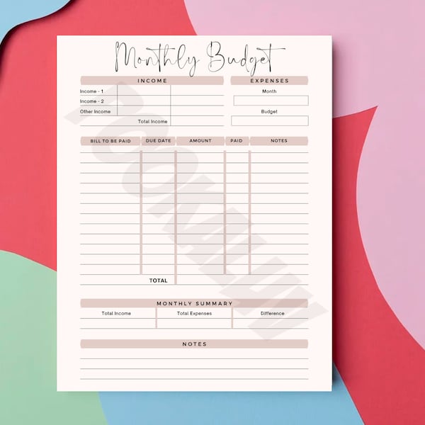 Monthly Budget Sheet, Printable Sheet, Budget Template, Budget Planner, Budget Printable