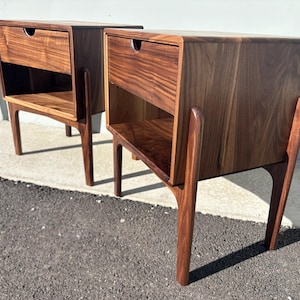 Mid Century Modern Solid Walnut Night Stand. With Integrated Power Strip