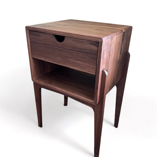 Mid Century Modern Solid Walnut Night Stand. With Integrated Power Strip