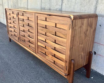 Horizon Cradenza | Solid Walnut Credenza | Mid Century Modern Woven Cabinet | Handmade Media Console