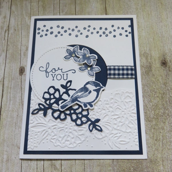 BIRD and FLOWERS EMBOSSED All-Occasion Hand Stamped Card