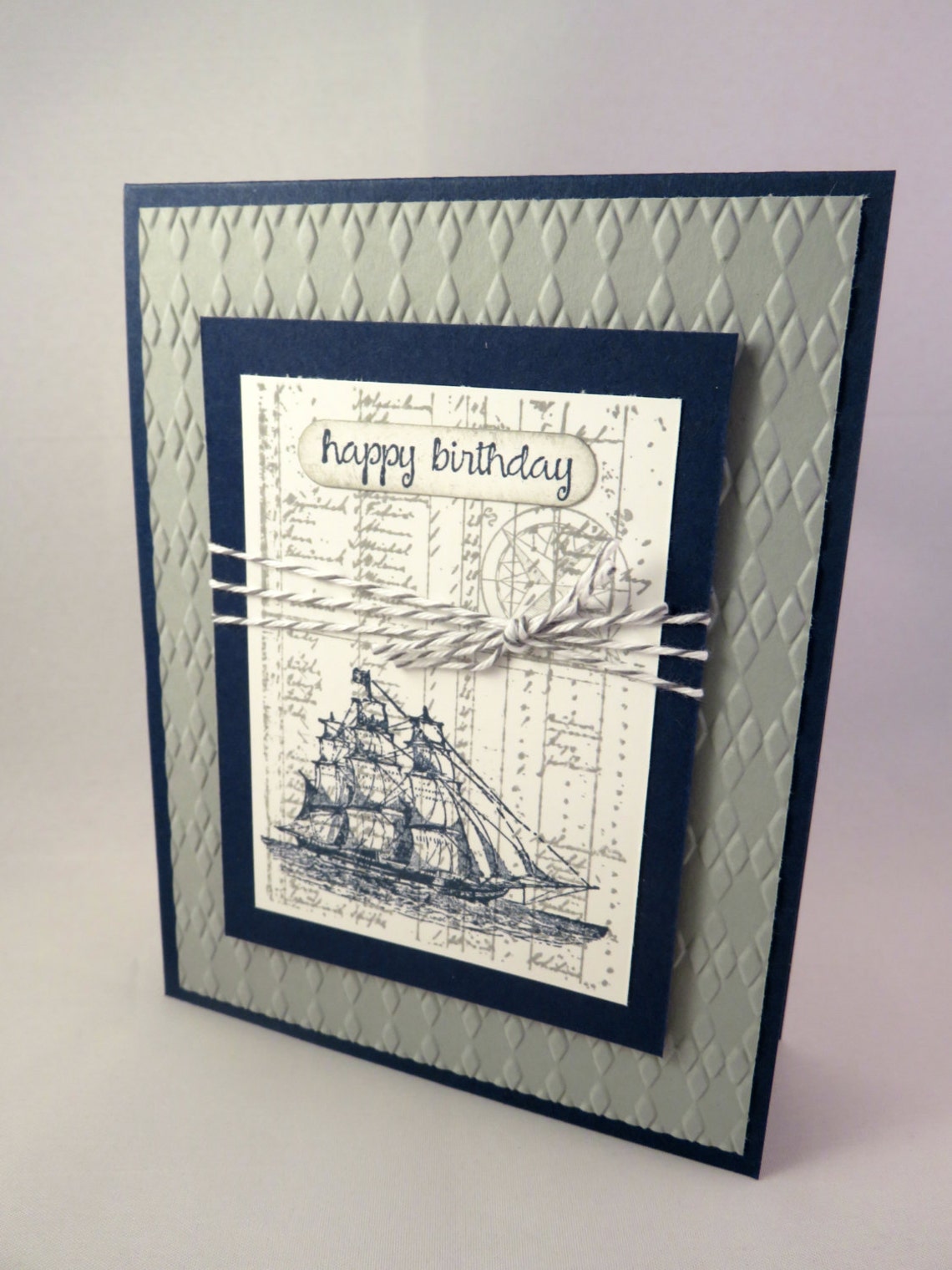 SAILING SHIP Hand Stamped Birthday Card for the SAILOR in Navy and Gray