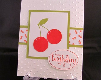 CHERRY GREETINGS Hand Stamped Birthday Greeting Card