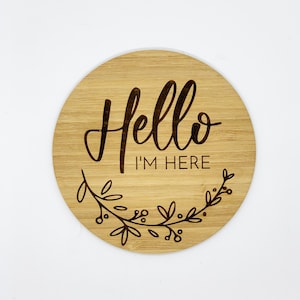 Customised wooden engraved baby name sign | Business Logo | Announcement Disc FREE POSTAGE Hello I'm Here Plaque - Any wording you like