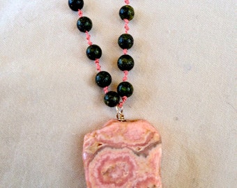 Pink Rhodochrosite Pendant with Russian Serpentine on hand-knotted pink silk