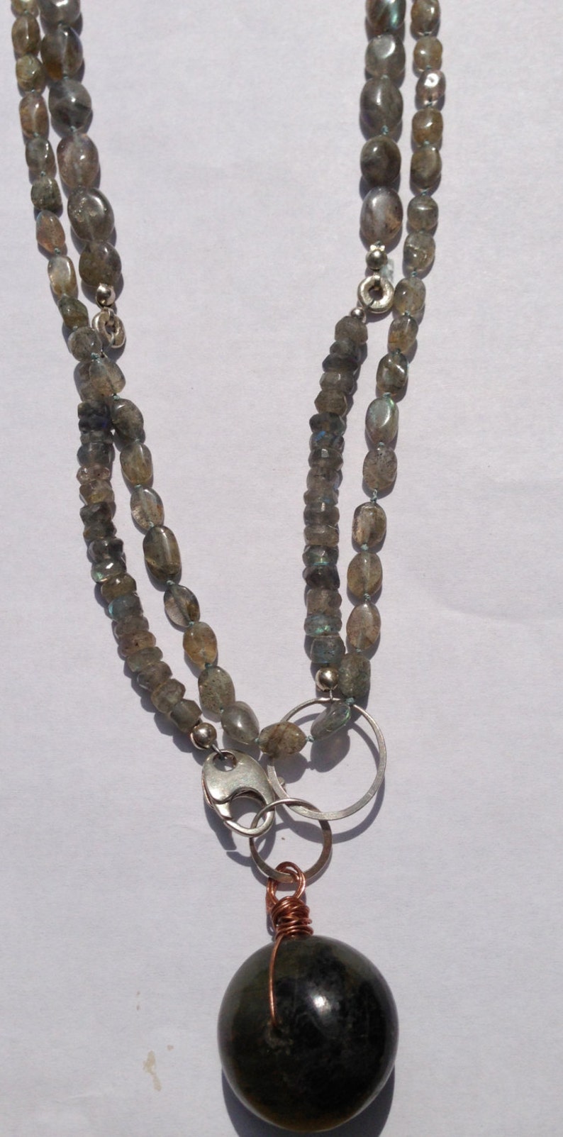 Labradorite on sterling silver, copper & hand-knotted silk image 1
