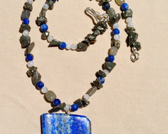 Big Focal Slab of Lapiz Lazuli on Lapiz, labradorite, moonstone & pyrite necklace