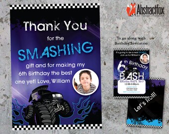 Mohawk Monster Truck Invitation Thank You Card - Personalized Boy Birthday Thank You card design - Digital download