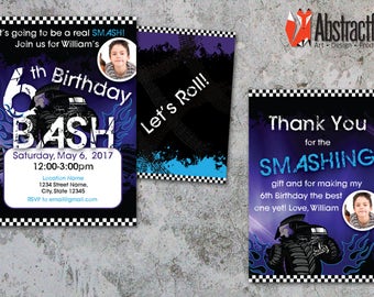 Mohawk Monster Truck Invitation and Thank You card - Personalized Boy Birthday Invitations - Download