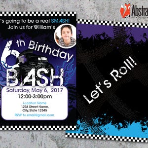May include: A purple and black birthday party invitation with a monster truck design. The invitation says "6th Birthday Bash" and "Let's Roll!" with a photo of a boy in the top right corner. The invitation includes the date, time, and location of the party.