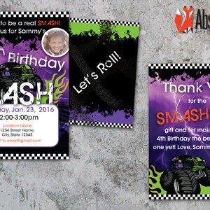 Invitación Monster Truck y tarjeta de agradecimiento - Invitaciones de cumpleaños personalizadas para niño - Descargar