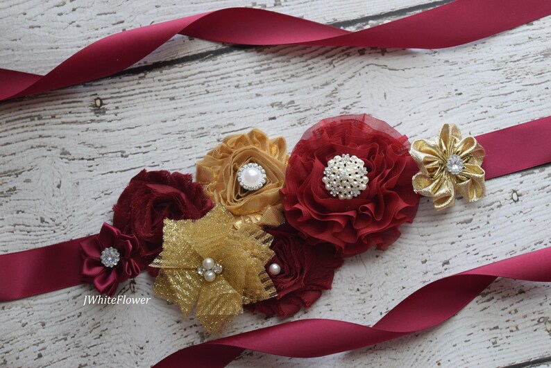 wedding sash maternity sash gold burgundy Sash flower Belt Sash baby shower sash