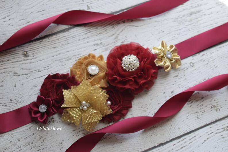 wedding sash maternity sash gold burgundy Sash flower Belt Sash baby shower sash