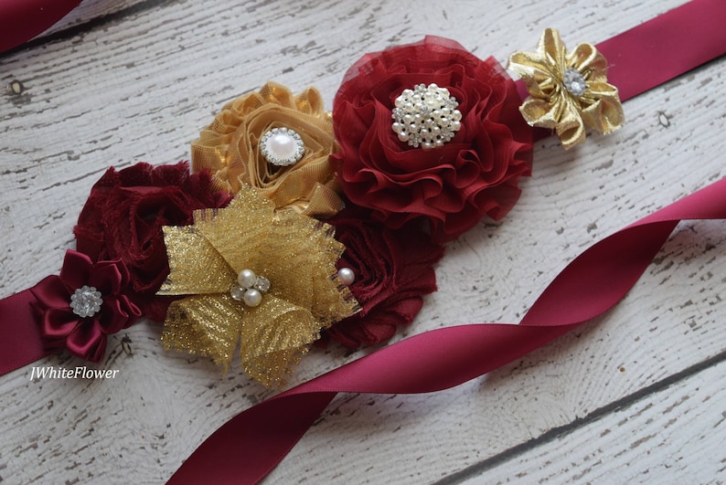 wedding sash maternity sash gold burgundy Sash flower Belt Sash baby shower sash