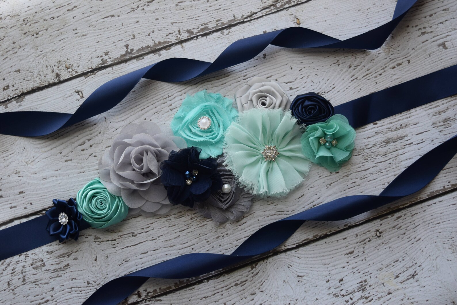 Maternity Sash Beltnavy Aqua Grey Sash Sash Flower Belt Etsy