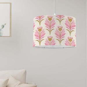 Drum Chandelier with Vintage Pink Floral Pattern - Elegant Cottagecore & Boho Pendant Light for Bedroom, Dining Room, or Living Room