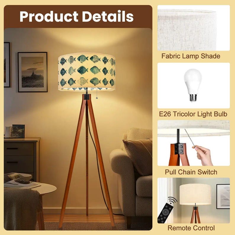 View of Blue Watercolor Fish Tripod Floor Lamp | Coastal & Nautical Art ...
