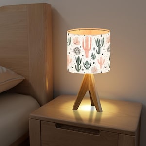 Desert Cactus Tripod Table Lamp – Boho Southwestern Nightstand Light – Rustic Wooden Base Lamp for Bedroom, Living Room, or Nursery