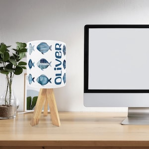 Customized Blue Watercolor Fish Tripod Table Lamp, Coastal & Nautical-Inspired Accent Lamp,  Ocean Decor