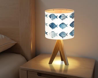 Blue Watercolor Fish Tripod Table Lamp | Coastal & Nautical-Inspired Accent Lamp for Beach House, Living Room, Ocean Decor, Unique Fish Lamp